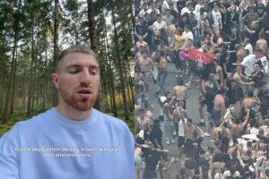 Dmitry oraz ukraińska flaga na Stadionie Narodowym.