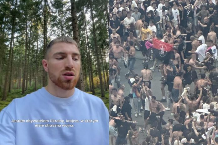 Dmitry oraz ukraińska flaga na Stadionie Narodowym.