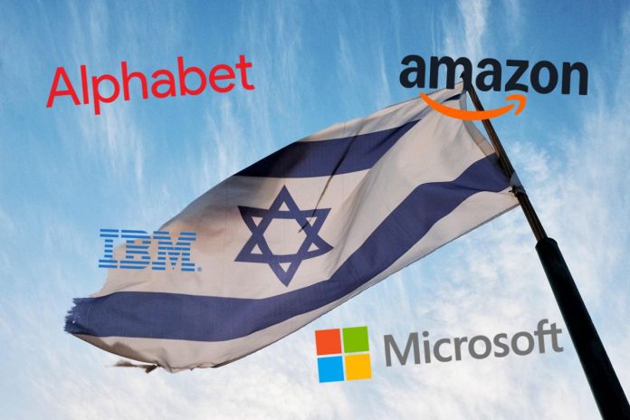 Flaga Izraela oraz logo Alphabet, Amazon, IBM oraz Microsoft.