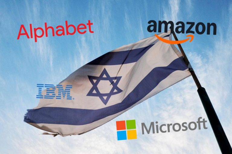 Flaga Izraela oraz logo Alphabet, Amazon, IBM oraz Microsoft.