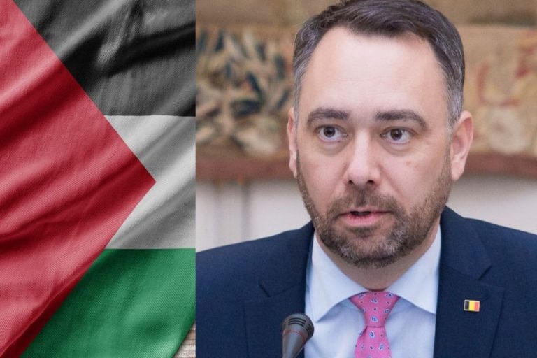 Flaga Palestyny oraz minister spraw zagranicznych Belgii Maxime Prevot