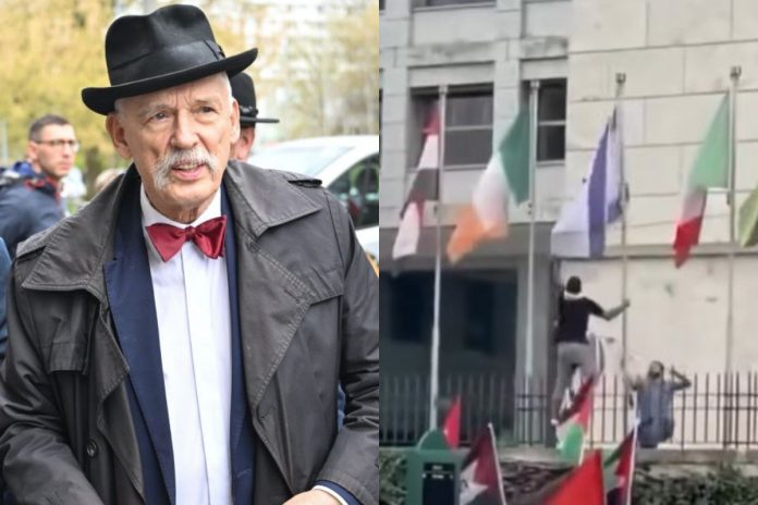 Janusz Korwin-Mikke oraz mężczyzna usuwający flagę Izraela sprzed siedziby ONZ w Rzymie.