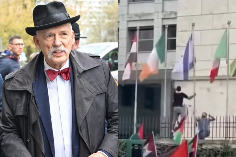 Janusz Korwin-Mikke oraz mężczyzna usuwający flagę Izraela sprzed siedziby ONZ w Rzymie.