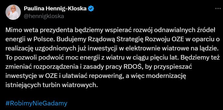 Rys. 1. Ambitna zapowiedź podwojenia „mocy energii” z wiatru w ciągu zaledwie pięciu lat (źródło: https://x.com/hennigkloska/status/1960608655981592712)
