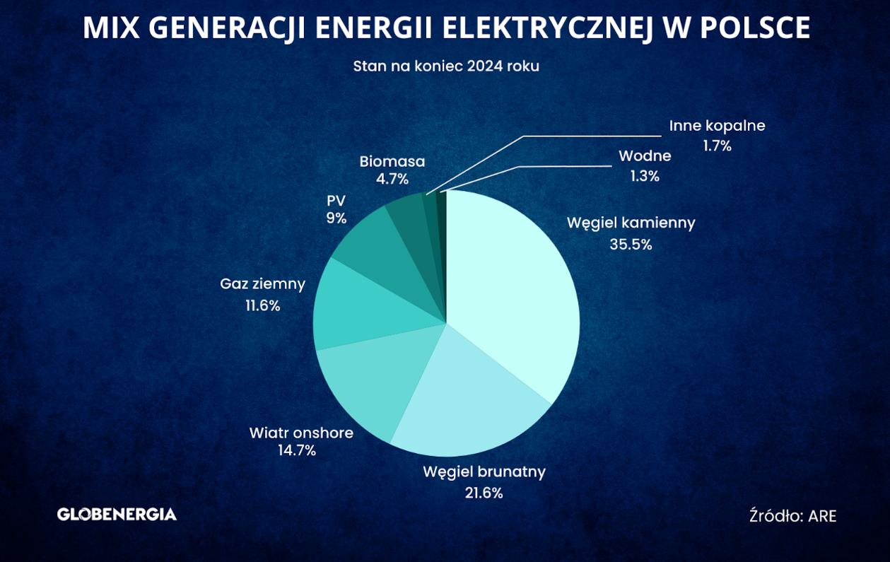 Rys. 2. Krajowy miks energetyczny za rok 2024 (źródło: https://tiny.pl/g_ct4f7g)