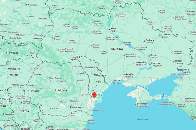 Mapa Rumunii i Ukrainy z zaznaczoną miejscowością Tulcza w pobliżu której pojawiły się obce drony. Foto: google maps