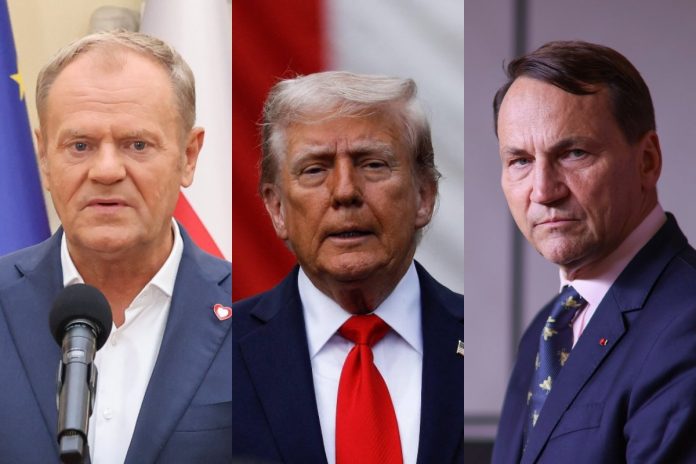Donald Tusk, Donald Trump oraz Radosław Sikorski.