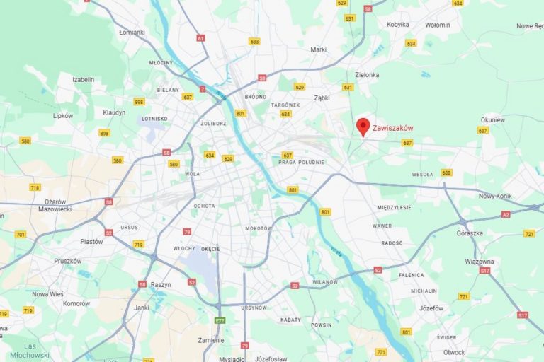Lokalizacja ul. Zawiszaków na planie Warszawy. Obrazek ilustracyjny. Źródło: google maps