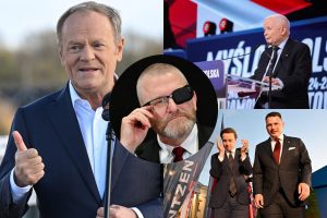 Donald Tusk, Jarosław Kaczyński, Krzysztof Bosak i Sławomir Mentzen oraz Grzegorz Braun.