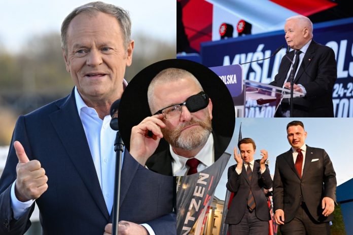 tusk-kaczynski-braun-bosak-mentzen Donald Tusk, Jarosław Kaczyński, Krzysztof Bosak i Sławomir Mentzen oraz Grzegorz Braun.