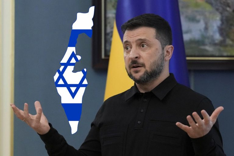 Wołodymyr Zełeński oraz mapa Izraela z flagą.