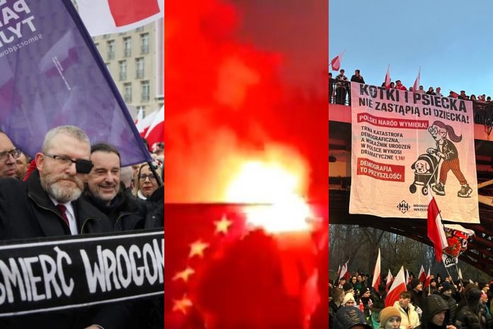 Roman Fritz, Grzegorz Braun i Witold Gadowski na Marszu Niepodległości oraz spalenie flagi UE i wywieszony transparent.