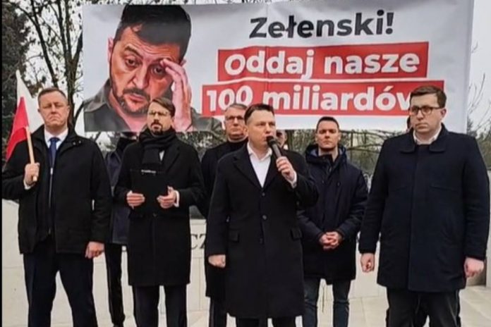 Sławomir Mentzen przemawiający przed Sejmem.