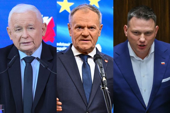 Jarosław Kaczyński, Donald Tusk oraz Sławomir Mentzen.