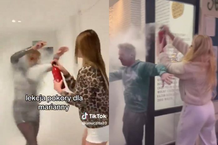 Marianna Schreiber atakowana gaśnicą przez Saar „Lasuczitę” Sise oraz Marianna Schreiber atakująca gaśnicą aktywistów 