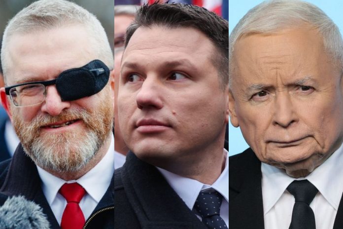 Grzegorz Braun, Sławomir Mentzen oraz Jarosław Kaczyński.