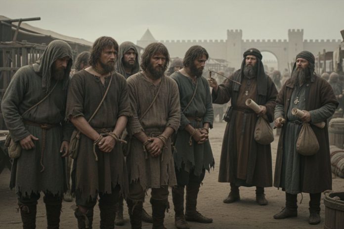 Słowiańscy niewolnicy oraz żydowscy handlarze niewolników.