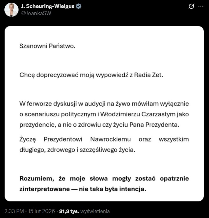 Oświadczenie Joanny Scheuring-Wielgus po tym, gdy życzyła śmierci prezydentowi Nawrockiemu.