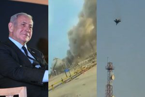 Benjamin Netanjahu, kłęby dymu nad rafinerią w Arabii Saudyjskiej i spadający samolot.