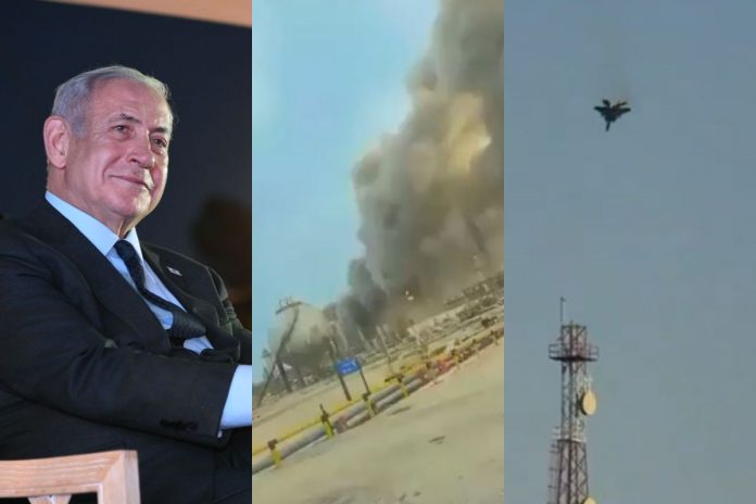 Benjamin Netanjahu, kłęby dymu nad rafinerią w Arabii Saudyjskiej i spadający samolot.