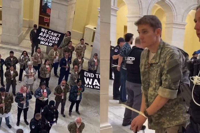 NCZAS.INFO | Aresztowanie weteranów protestujących na Kapitolu przeciwko wojnie z Iranem.