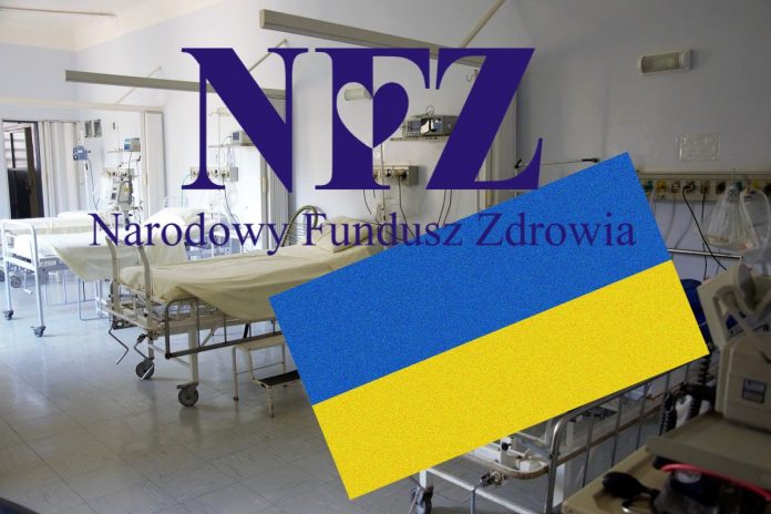 NCZAS.INFO | Sala szpitalna oraz logo NFZ i flaga Ukrainy