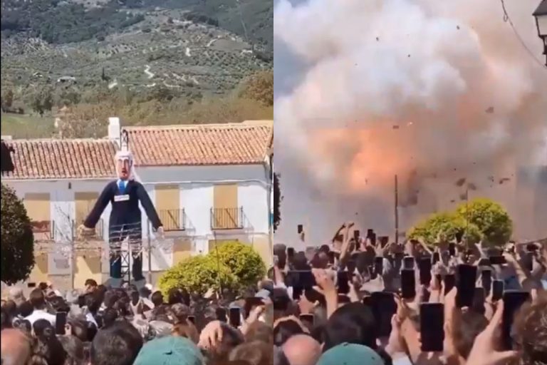 NCZAS.INFO | Spalenie kukły przypominającej Benjamina Netanjahu w hiszpańskiej miejscowości El Burgo w prowincji Malaga podczas tradycyjnej ceremonii „Spalenia Judasza”.