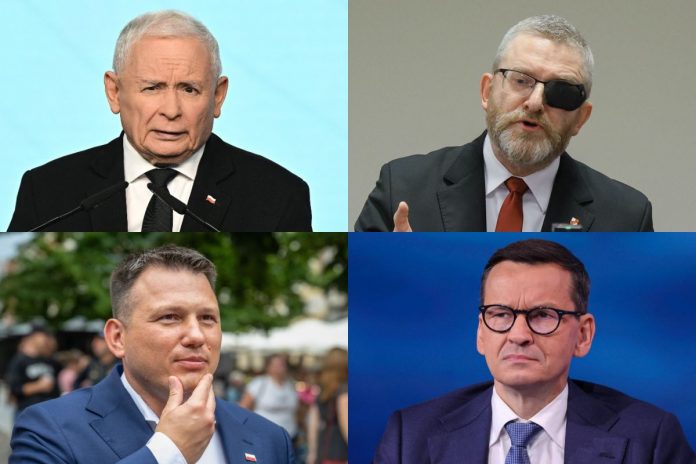 Jarosław Kaczyński, Grzegorz Braun, Sławomir Mentzen oraz Mateusz Morawiecki