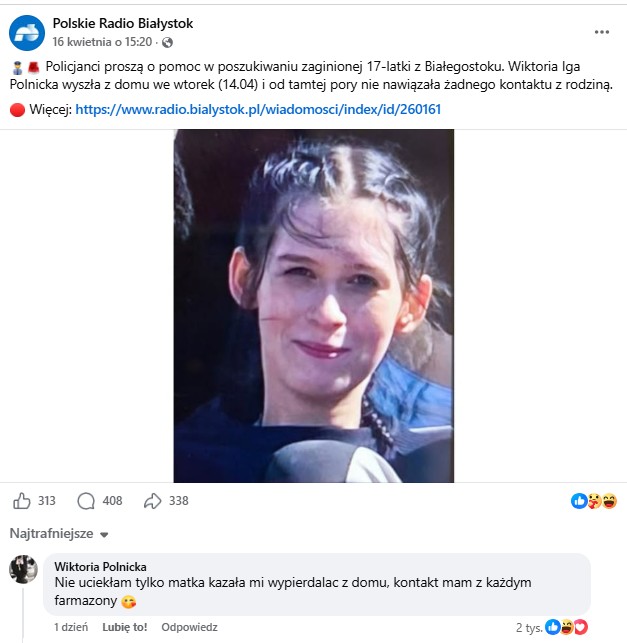 Wiktoria Polnicka komentarz do zaginięcia.