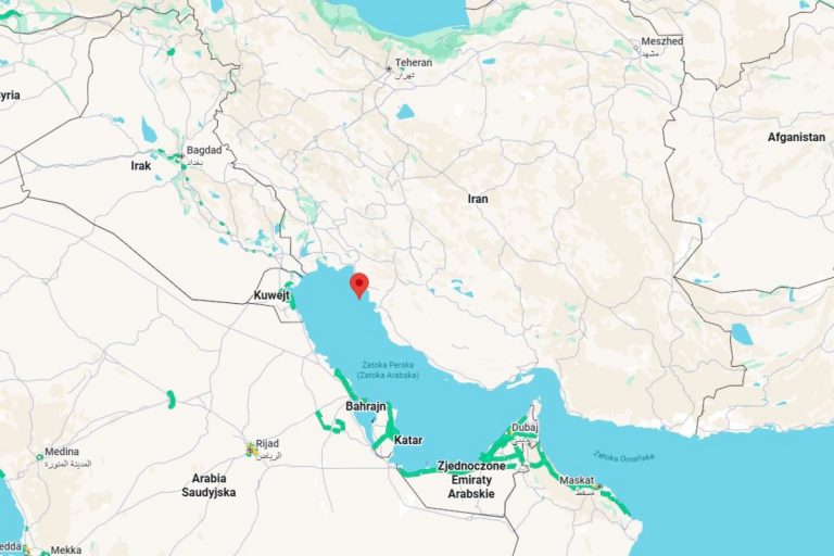 NCZAS.INFO | Mapa regionu Zatoki Perskiej z zaznaczoną wyspą Chark. Obrazek ilustracyjny. Źródło: google maps