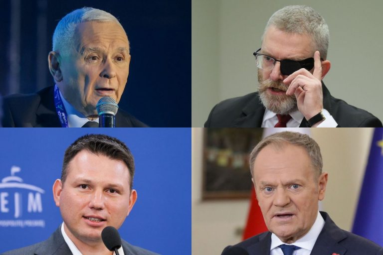 Jarosław Kaczyński, Grzegorz Braun, Sławomir Mentzen oraz Donald Tusk.