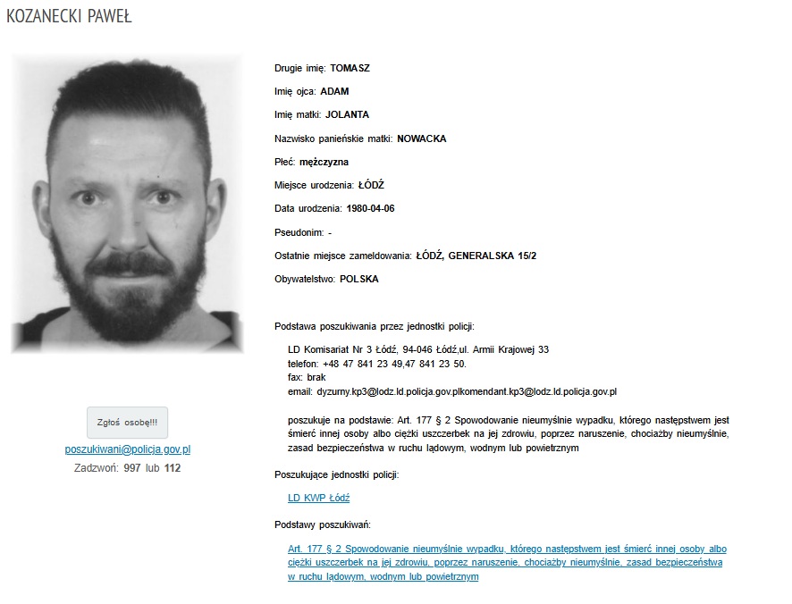 Paweł Kozanecki, adwokat z Łodzi, poszukiwany przez policję.