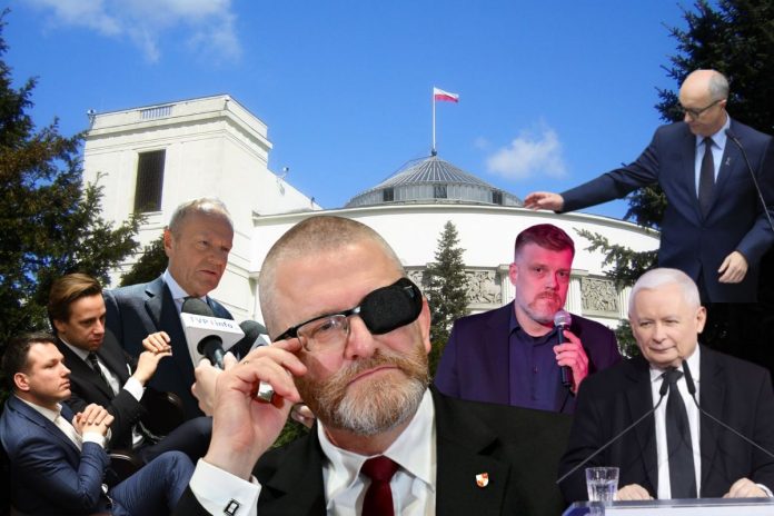 NCZAS.INFO | Budynek Sejmu RP oraz Sławomir Mentzen, Krzysztof Bosak, Donald Tusk, Grzegorz Braun, Adrian Zandberg, Jarosław Kaczyński, Włodzimierz Czarzasty.