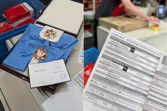 NCZAS.INFO | Order Orła Białego nadany przez prezydenta Andrzeja Dudę prezydentowi Ukrainy Wołodymyrowi Zelenskiemu, spakowany i nadany na poczcie. Foto: X/Zelensky UA
