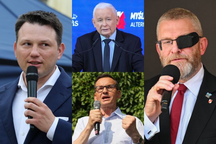 Sławomir Mentzen, Jarosław Kaczyński, Mateusz Morawiecki oraz Grzegorz Braun.