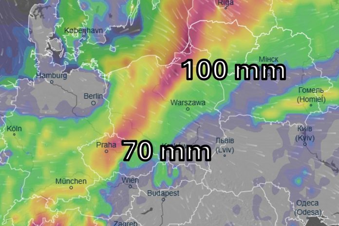 NCZAS.INFO | Prognoza opadó na najbliższą dobę. Miejscami może spać nawet 100 mm deszczu czyli 100 litrów na 1 metr kwadratowy. Taki opad praktycznie gwarantuje lokalne zalania i podtopienia. Obrazek ilustracyjny, źródło: X/Ventysky