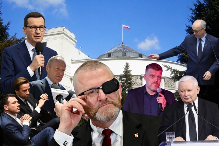 NCZAS.INFO | Budynek Sejmu RP oraz Mateusz Moraiwecki, Sławomir Mentzen, Krzysztof Bosak, Donald Tusk, Grzegorz Braun, Adrian Zandberg, Jarosław Kaczyński, Włodzimierz Czarzasty.
