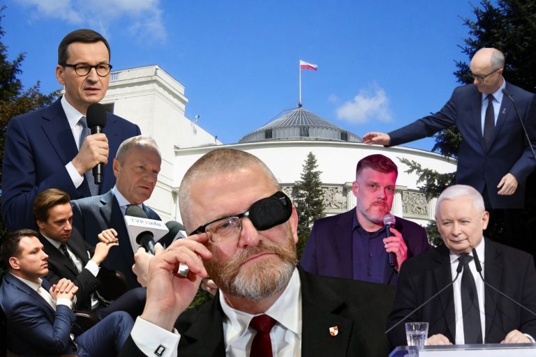 NCZAS.INFO | Budynek Sejmu RP oraz Mateusz Moraiwecki, Sławomir Mentzen, Krzysztof Bosak, Donald Tusk, Grzegorz Braun, Adrian Zandberg, Jarosław Kaczyński, Włodzimierz Czarzasty.