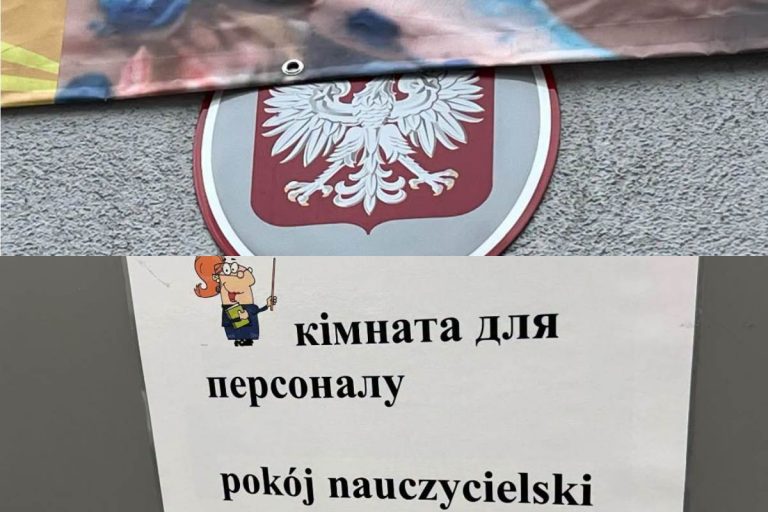 Przysłonięte polskie godło i napisy po ukraińsku w jednej ze szkół.