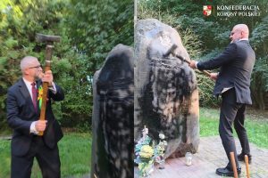 NCZAS.INFO | Grzegorz Braun i Marcin Miksza pokazują co należy zrobić z ukraińską samowolą budowalną upamiętniającą "bojców" z ludobójczej Ukraińskiej Powstańczej Armii. Foto: print screen X