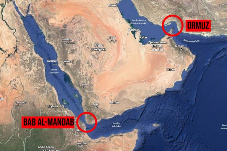 NCZAS.INFO | Strategiczne dla połowy światowego handlu cieśniny Ormuz i Bab al-Mandab. Obrazek ilustracyjny. Źródło: google maps