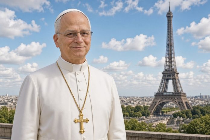NCZAS.INFO | Papież Leon XIV z wieżą Eiffla w tle. Papieskiej mszy św. w Paryżu nie bęzie? Zdjęcie ilustracyjne. / Foto: wygenerowane przez AI, GROK