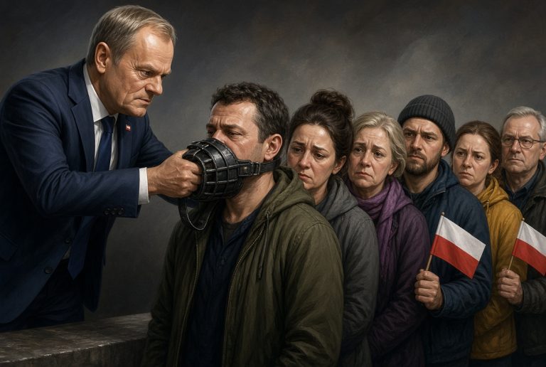 NCZAS.INFO | Donald Tusk oraz Polacy. Obrazek ilustracyjny wygenerowany przez AI. Źródło: Grok cenzura, wolność słowa