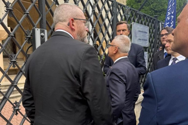 Grzegorz Braun przed ambasadą Rumunii.