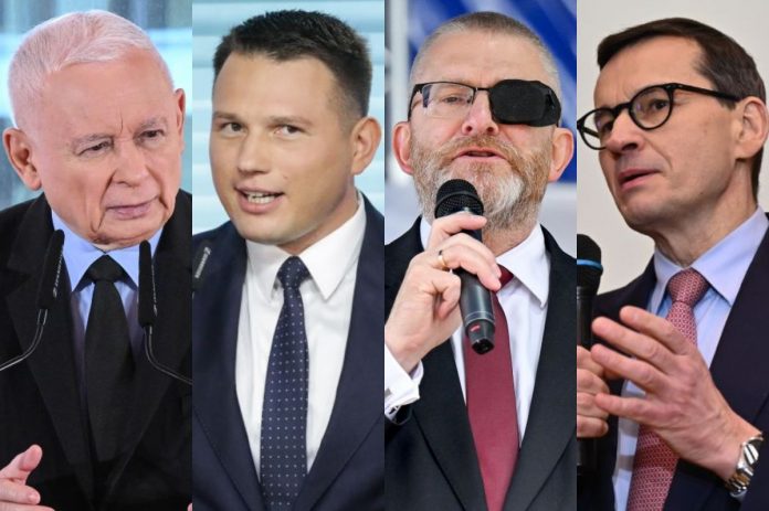 Jarosław Kaczyński, Sławomir Mentzen, Grzegorz Braun oraz Mateusz Morawiecki.