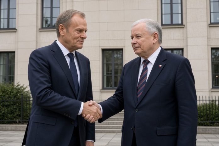 Donald Tusk z Jarosławem Kaczyńskim. Obrazek ilustracyjny wygenerowany przez AI.
